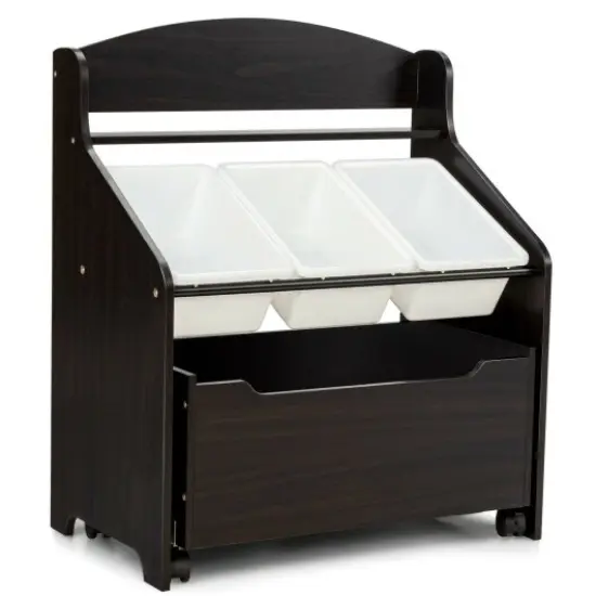 Kids Wooden Toy Storage Unit Organizer with Rolling Toy Box and Plastic Bins Espresso {1}