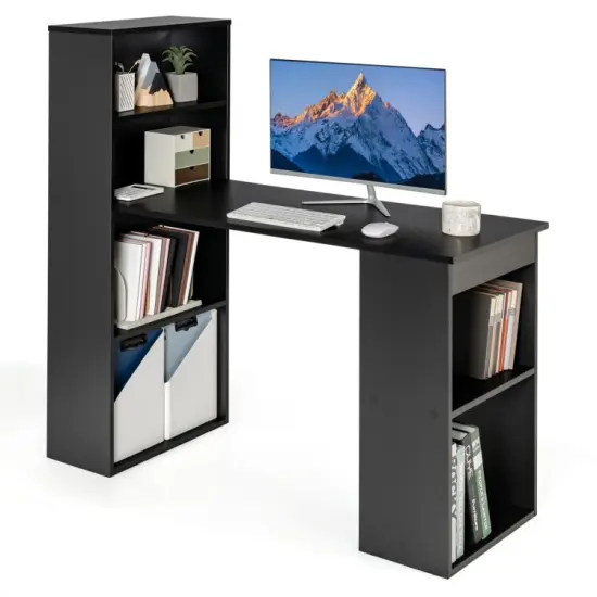 48" Computer Writing Desk with Bookshelf with Storage Shelves for Home Office Study Room White {8}
