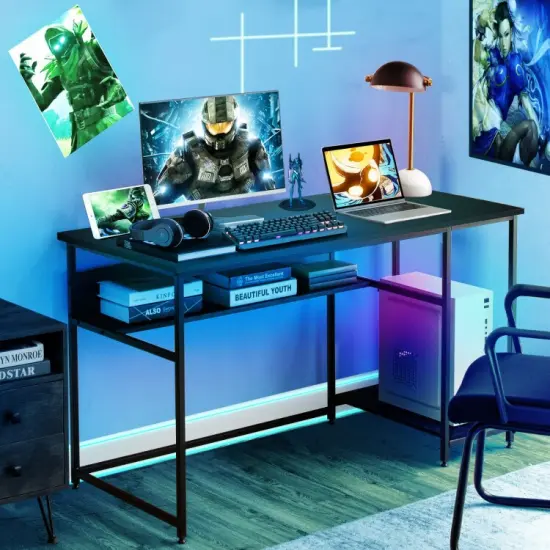 55 Inch Computer Desk with Power Outlets and USB Ports for Home and Office Black {6}