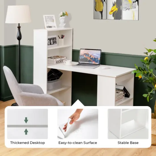 48" Computer Writing Desk with Bookshelf with Storage Shelves for Home Office Study Room White {4}