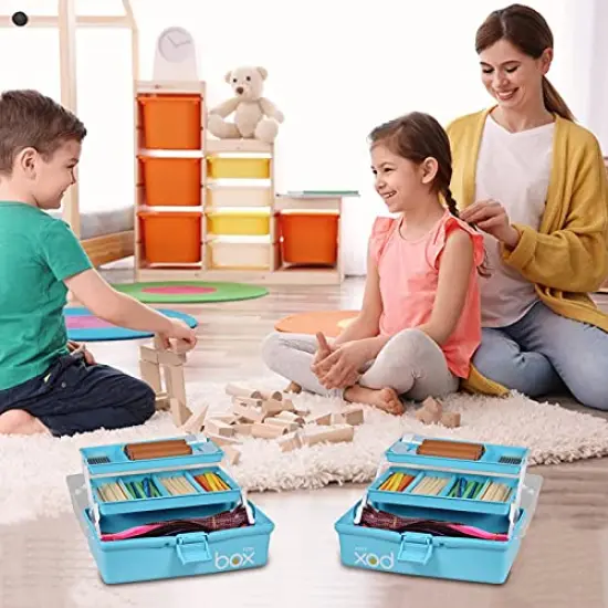 12'' Three-Layer Multipurpose Storage Box Organizer Folding Tool Box/Art & Crafts Case/Sewing Supplies Organizer/Medicine Box/Family First Aid Box with 2 Trays (Blue) {4}