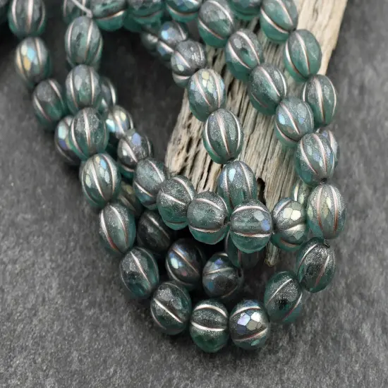 *20* 8mm Metallic Beige Washed Matte Teal AB Faceted Round Melon Beads {3}