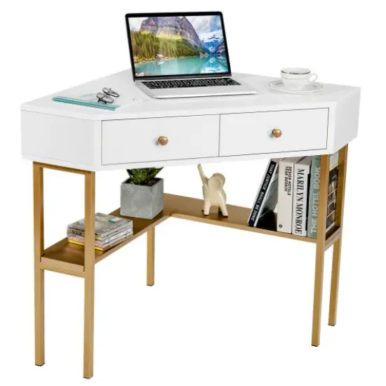 Space Saving Corner Computer Desk with 2 Large Drawers and Storage Shelf- Golden {1}