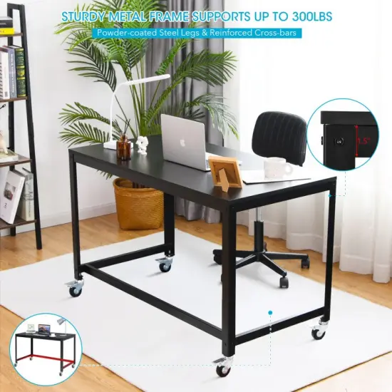 Wood Top Metal Frame Rolling Computer Desk Laptop Table-Black {5}