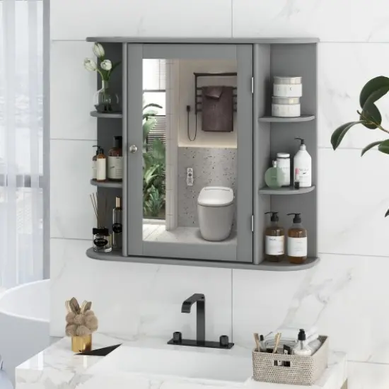 Wall Mounted Mirror Bathroom Storage Cabinet with 3 Adjustable Shelves and 6 Open Side Racks Gray {6}