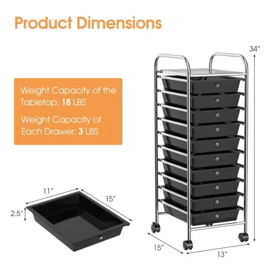 10-Drawer Rolling Storage Cart with Lockable Wheels and Steel Frame for Home or Office Use Black {6}
