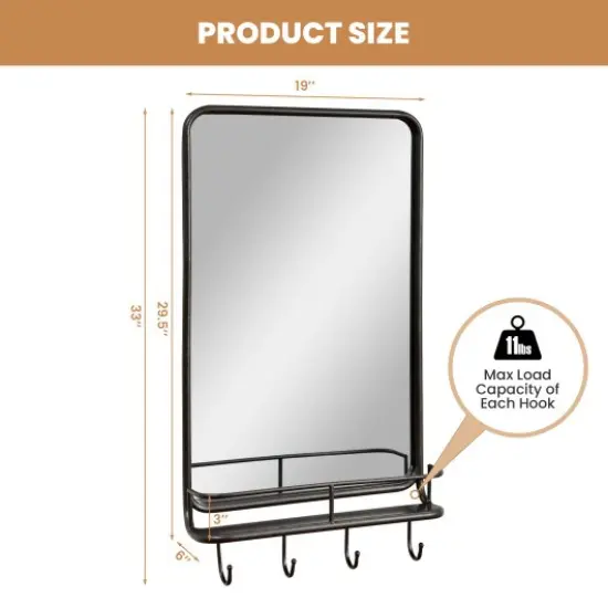Wall Bathroom Mirror with Shelf Hooks Sturdy Metal Frame for Bedroom Living Room {2}