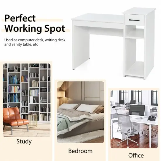 White Computer Desk PC Laptop Table with Drawer and 2-Tier Storage Shelf {3}