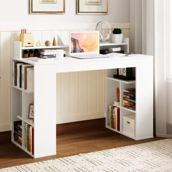 White Office Computer Desk with Dual 3 Tier Bookshelf and Monitor Shelf {5}