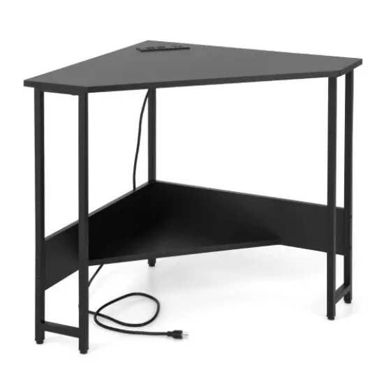 Triangle Computer Corner Desk with Charging Station Black {1}