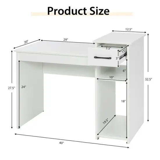 White Computer Desk PC Laptop Table with Drawer and 2-Tier Storage Shelf {4}