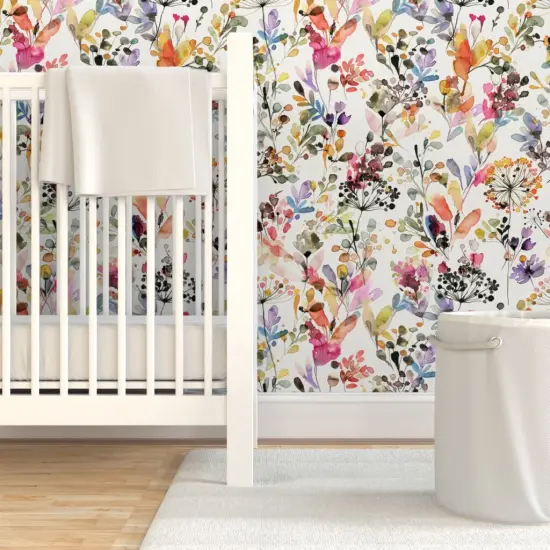 Pre-Pasted Wallpaper 2FT Wide Watercolor Plants Floral Nature Abstract Plants Home Decor Watercolor Botanical Grasses Countryside Rustic Painterly Artistic Custom Pre-pasted Wallpaper by Spoonflower {7}