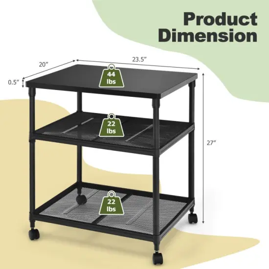 3 Tier Printer Stand Rolling Fax Cart with Adjustable Shelf and Swivel Wheels {2}