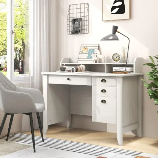 Modern Computer Desk with Storage Shelves and 4 Drawers White {2}