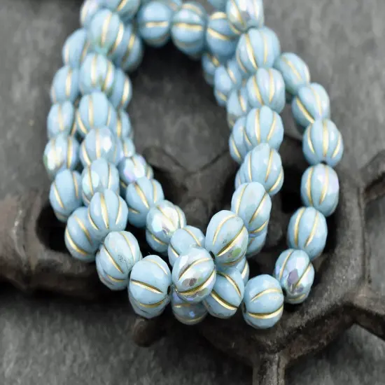 *20* 8mm Gold Washed Sky Blue AB Faceted Round Melon Beads {5}