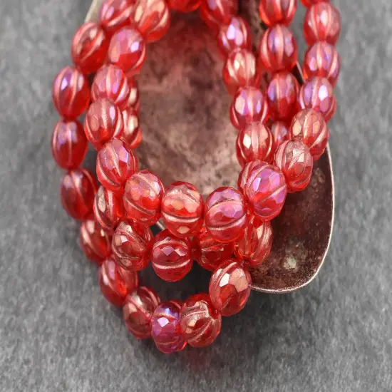 *20* 8mm Copper Washed Pink Lustered Ruby Red Faceted Round Melon Beads {4}