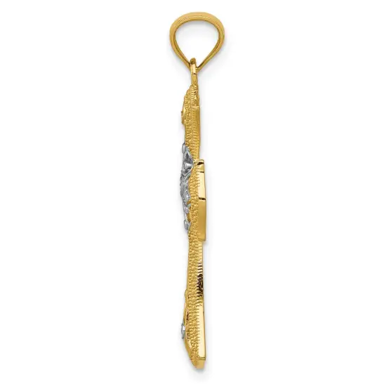 14K Gold Rhodium Plated Two Tone Diamond Cut Cross Pendant Charm 28mm x 18mm {3}