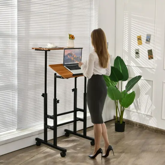 Height Adjustable Mobile Standing Desk with rolling wheels for office and home Walnut {4}