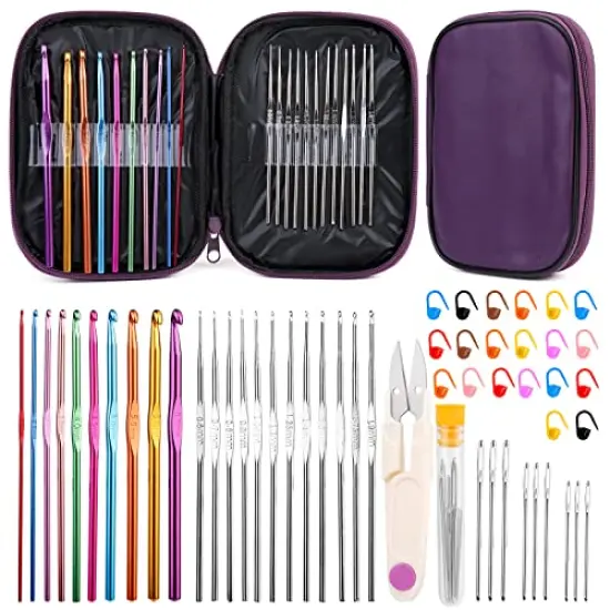 54 Pieces Crochet Needles Set, Crochet Hooks Kit with Purple Storage Case, Ergonomic Knitting Needles Blunt Needles Stitch Marker DIY Hand Knitting Craft Art Tools for Beginners {2}