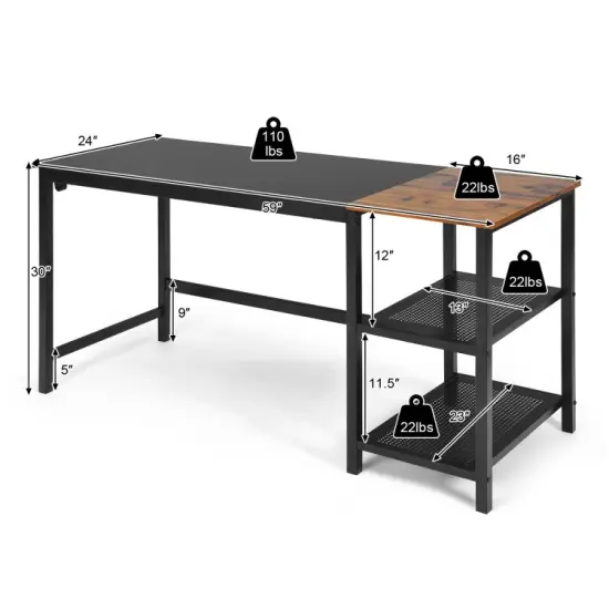 59 Inch Home Office Computer Desk with Removable Storage Shelves and Charging Station Black {6}