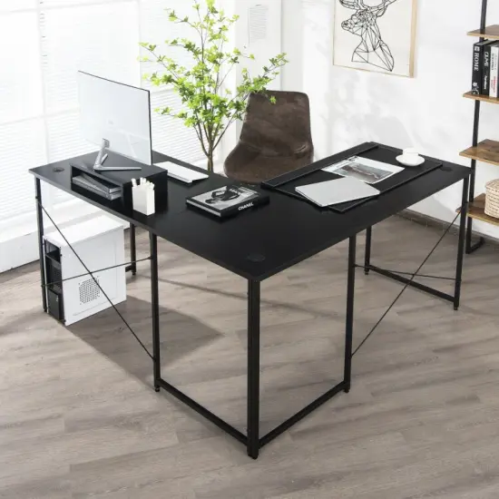 2-Person L-Shaped Long Reversible Computer Desk with Monitor Stand and Steel Frame Black {4}