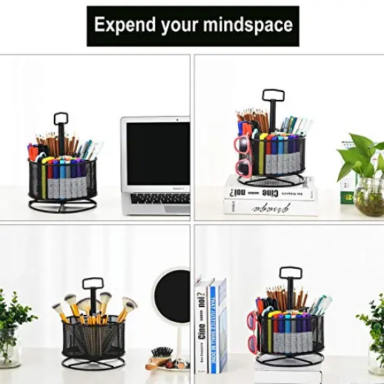 360-Degree Rotating Multi-Functional Pen Holder, 4 Compartments Desktop Stationary Organizer, Home Office Art Supply Storage Box Caddy (Black) {4}