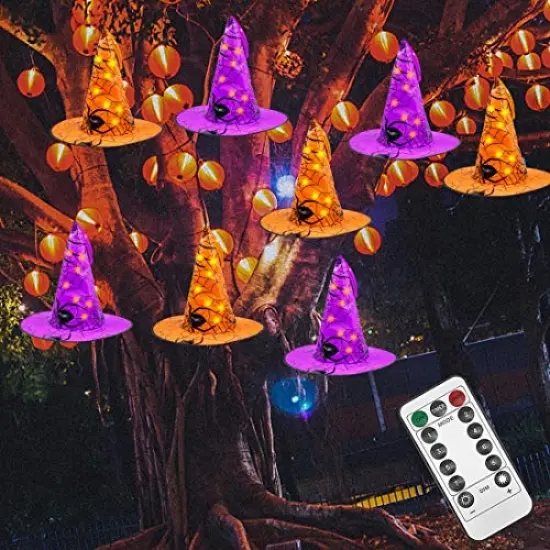 Twinkle Star Halloween Decorations 8 Pcs Lighted Hanging Witch Hats, 14ft 56 LEDs Halloween Indoor Outdoor Remote Control String Lights, Battery Powered with 8 Lighting Modes for Garden, Yard, Tree {1}