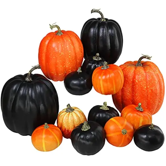 Winlyn 14 Pcs Assorted Artificial Harvest Orange and Black Pumpkins Foam Pumpkins Decorative Pumpkins for Farmhouse Rustic Fall Halloween Thanksgiving Table Centerpiece Mantel Shelf Kitchen Decor {1}
