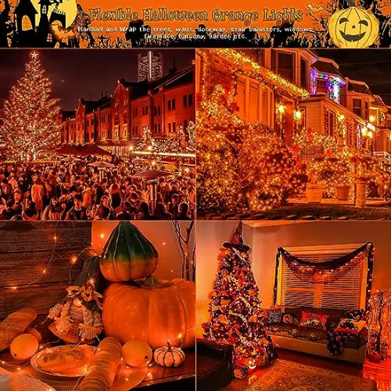 2 PackSolar Halloween Lights Outdoor,Each 33Ft 100LED Orange Halloween Lights,Copper Wire Solar Powered Fairy String Lights 8 Modes for Garden,Tree,Thanksgiving,Christmas,Parties,Home Decor {1}