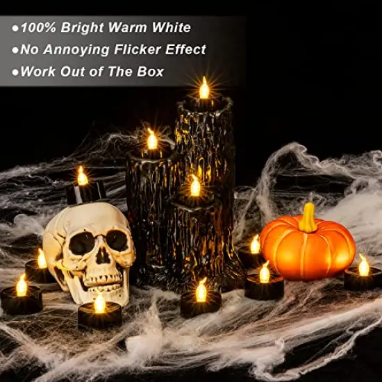 Black Candles, 24-Pack Tea Lights Battery Operated, Flameless Fake Candles Flickering, Halloween LED Candles Tea Lights for Fall Holiday Decor, Theme Party, 1.4" D X 1.3''H- Warm White Light {6}