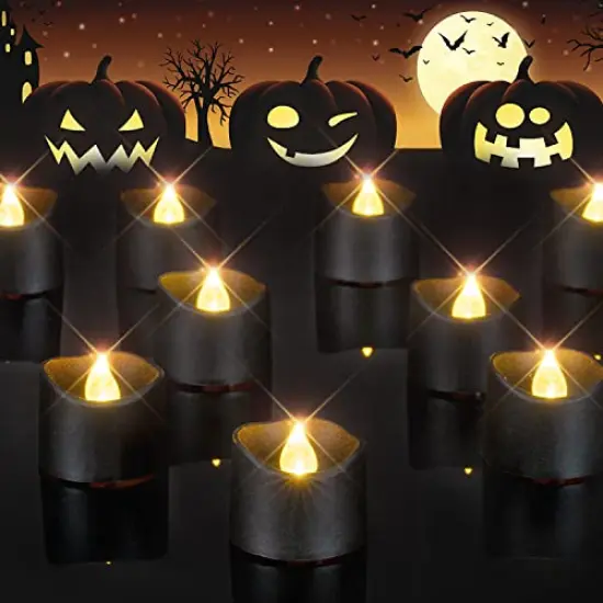 24-Pack Black Tea Lights Candles Battery Operated, Halloween Candle Tea Lights, Flameless Flickering Black Candles, Ideal for Holiday Decor, Theme Party, Dia 1-2/5" x H 1-1/4'' {2}