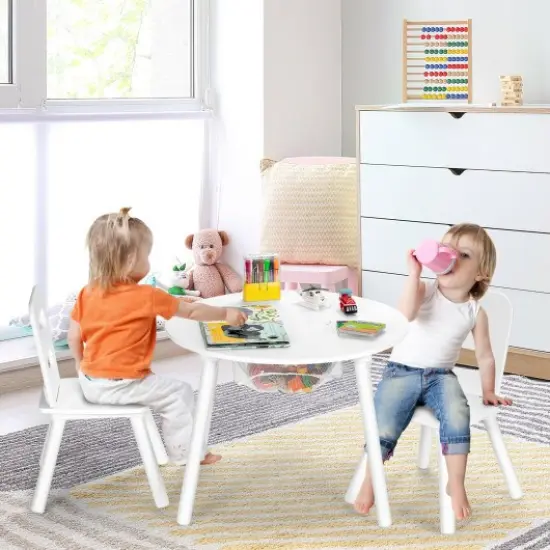 Wood Activity Kids Table and Chair Set with Center Mesh Storage White {6}