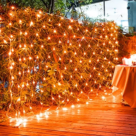 Outdoor Halloween Net Lights, 12FT x 5FT 360 LED Fairy String Light with 8 Lighting Modes, Connectable Light Safe Adaptor for Garden Tree, Bushes, Holiday Wedding Party Decorations, Orange {2}