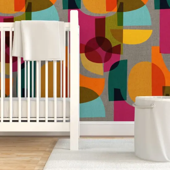 Pre-Pasted Wallpaper 2FT Wide Midcentury Modern Bright Geometric Retro Abstract Colorful Shapes Custom Pre-pasted Wallpaper by Spoonflower {7}
