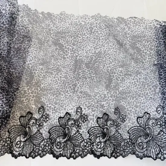 Kitcheniva 9" Wide Black & Grey Leopard-Print Embroidered Lace {1}