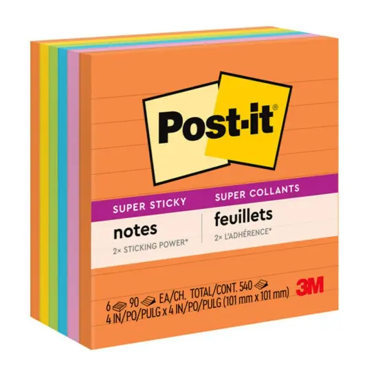 Super Sticky Notes, Energy Boost Collection, 4" x 4" Lined, 90 Sheets/Pad, 6 Pads {1}