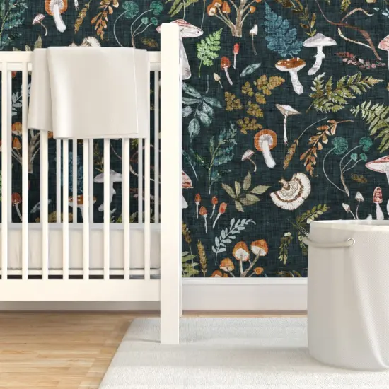 Pre-Pasted Wallpaper 2FT Wide Mushrooms Moody Botanical Woodland Ferns Leaves Nature Cottagecore Custom Pre-pasted Wallpaper by Spoonflower {7}