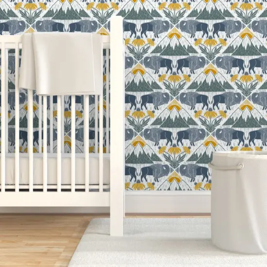 Pre-Pasted Wallpaper 2FT Wide Bison Western Floral Blue Yellow Mountains Prairie National Parks Wildflower Lattice Custom Pre-pasted Wallpaper by Spoonflower {7}