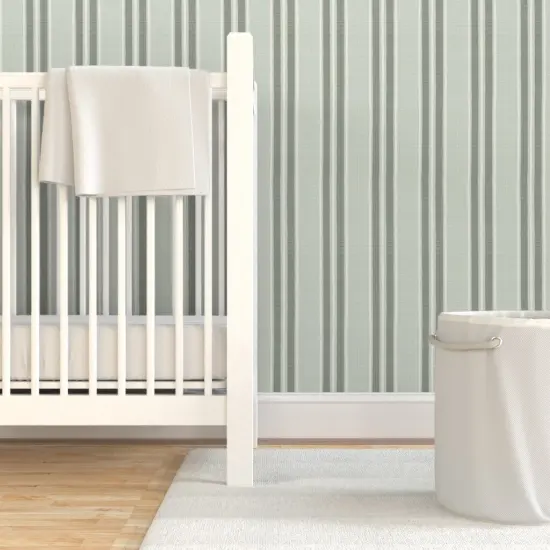 Pre-Pasted Wallpaper 2FT Wide Sage Green Stripe Ticking Preppy Cottagecore French Country Contemporary Stripes Large Scale Grandllennial Custom Pre-pasted Wallpaper by Spoonflower {7}