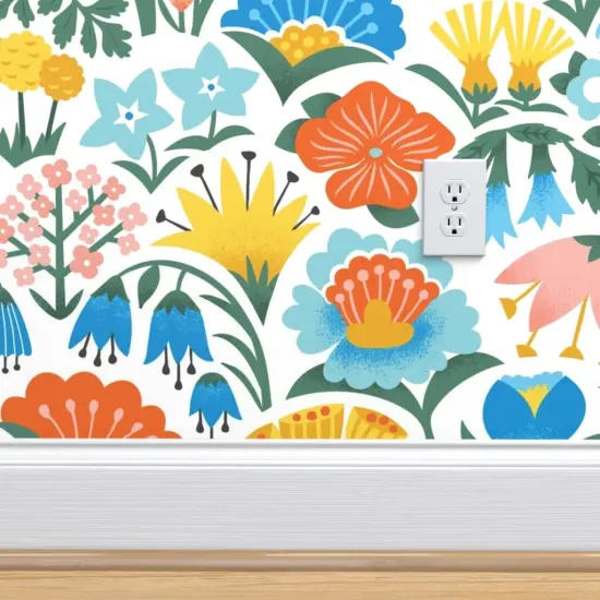 Peel & Stick Wallpaper 2FT Wide Scandinavian Floral Folk Flowers Pink Yellow Blue Garden Botanical Vintage Retro Midcentury Modern Custom Removable Wallpaper by Spoonflower {4}