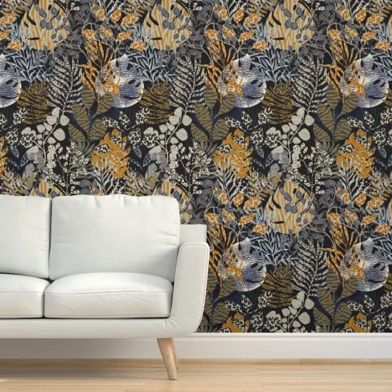 Peel & Stick Wallpaper 2FT Wide Blue Leaves Animal Print Wild Dark Tropical Tiger Cheetah Lizard Botanical Floral Large Scale Jungle Custom Removable Wallpaper by Spoonflower {5}