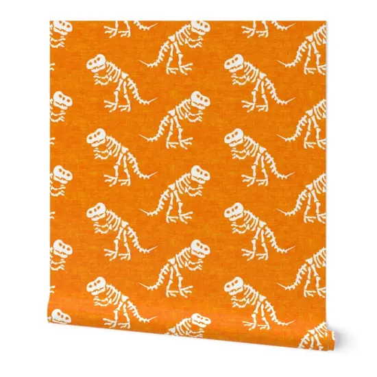 Peel & Stick Wallpaper 2FT Wide Orange Dinosaur Tyrannosaurus Rex Trex Dino Bones Kid Small Scale Jurassic Custom Removable Wallpaper by Spoonflower {7}