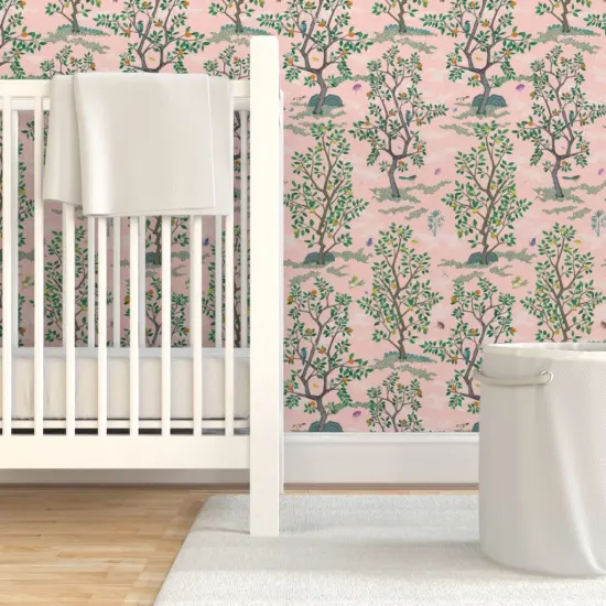 Pre-Pasted Wallpaper 2FT Wide Chinoiserie Pink Botanical Nature Oranges Lemons Birds Custom Pre-pasted Wallpaper by Spoonflower {7}