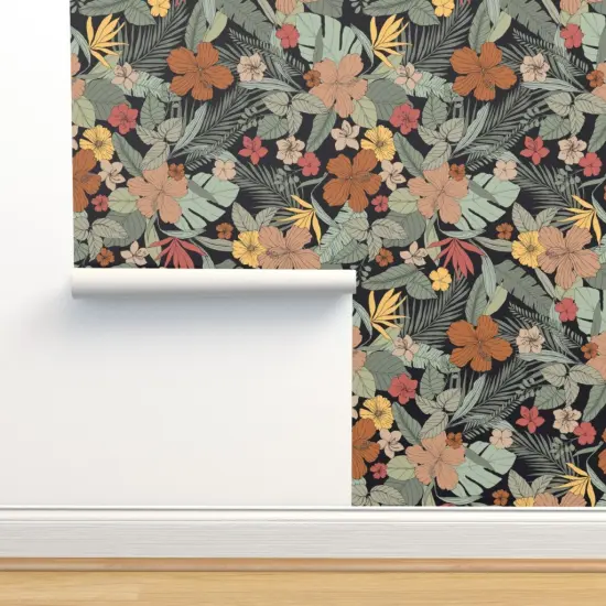 Peel & Stick Wallpaper 2FT Wide Tropical Floral Exotic Jumbo Scale Flowers Hibiscus Leaves Botanical Custom Removable Wallpaper by Spoonflower {2}