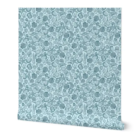 Peel & Stick Wallpaper 2FT Wide Blue Seashells Monochromatic Medium Scale Line Art Custom Removable Wallpaper by Spoonflower {7}
