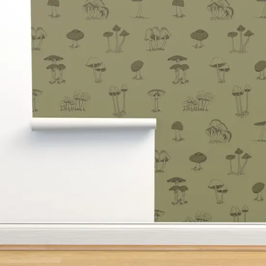 Peel & Stick Wallpaper 2FT Wide Cute Green Mushrooms Forest Olive Woodland Boys Botanical Cottagecore Nature Custom Removable Wallpaper by Spoonflower {2}