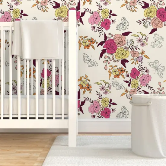 Pre-Pasted Wallpaper 2FT Wide Pink Cream Yellow Butterflies Floral Orange Rose Daisy Crimson Sketchbook Hand Drawn Large Scale Botanical Kitsch Custom Pre-pasted Wallpaper by Spoonflower {7}