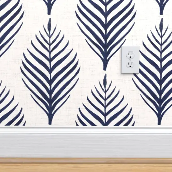 Peel & Stick Wallpaper 2FT Wide Navy Blue Floral Botanical Palm Tropical Island Dark Coastal Southern Leaf Silhouette Large Scale Custom Removable Wallpaper by Spoonflower {4}