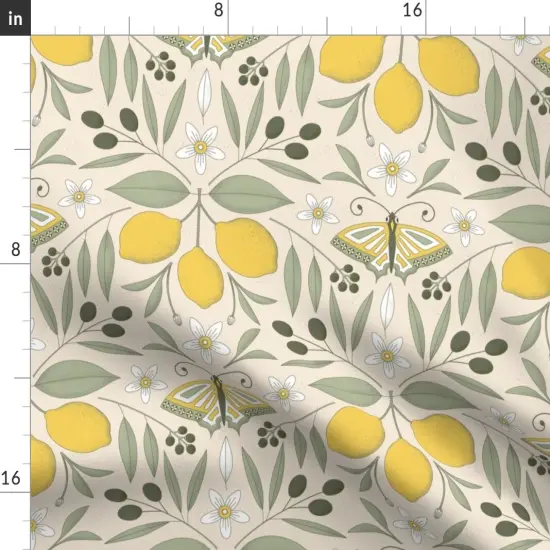 Various Fabrics by the Yard or Fat Quarter Yellow Butterfly Damask Olive Lemon Botanical Italy Pastel Colors Mediterranean Tree Large Scale Citrus Moth Insects Custom Printed Fabric by Spoonflower {2}