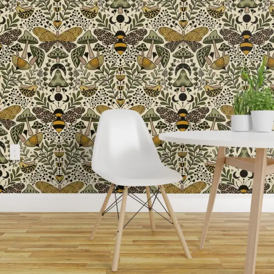 Peel & Stick Wallpaper 2FT Wide Nouveau Nature Green Yellow Butterfly Forest Plants Moth Bohemian Bee Botanical Wildlife Ecological Wild Grass Mustard Beige Custom Removable Wallpaper by Spoonflower {1}